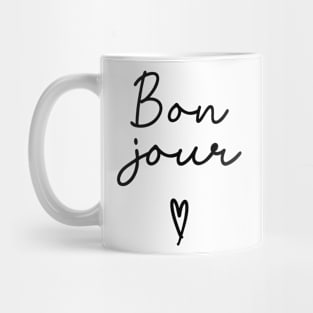 Bonjour Black and White Cursive Word Art Mug